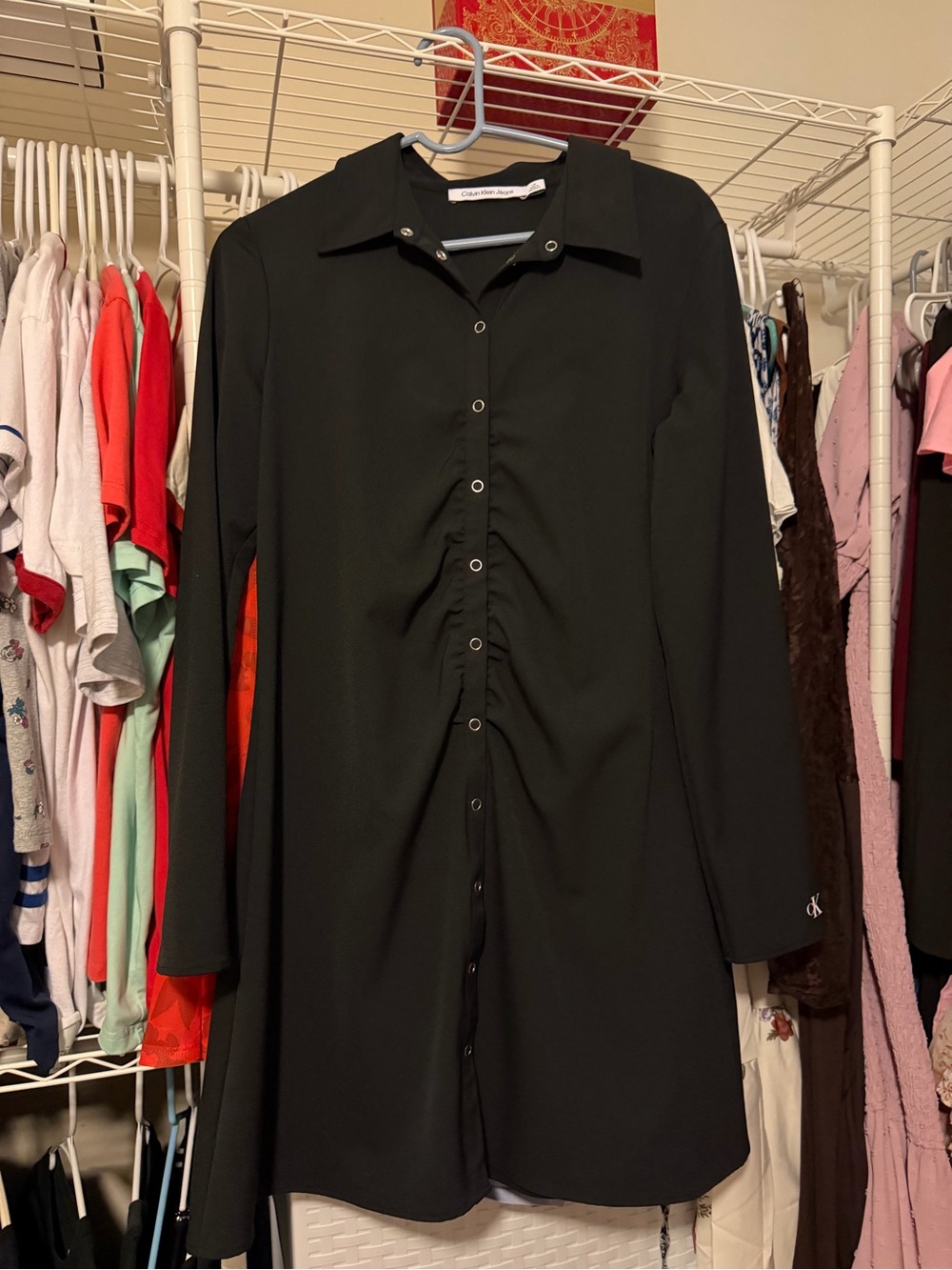 Calvin Klein Jeans Black Long-Sleeve Ruched Button Dress
